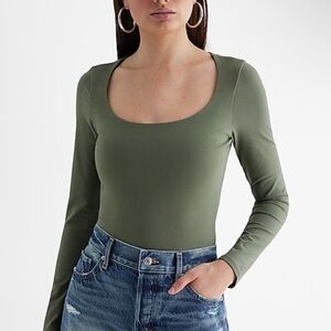 NWOT Express Body Contour Stretch Cotton Scoop Neck Long Sleeve Bodysuit - Green